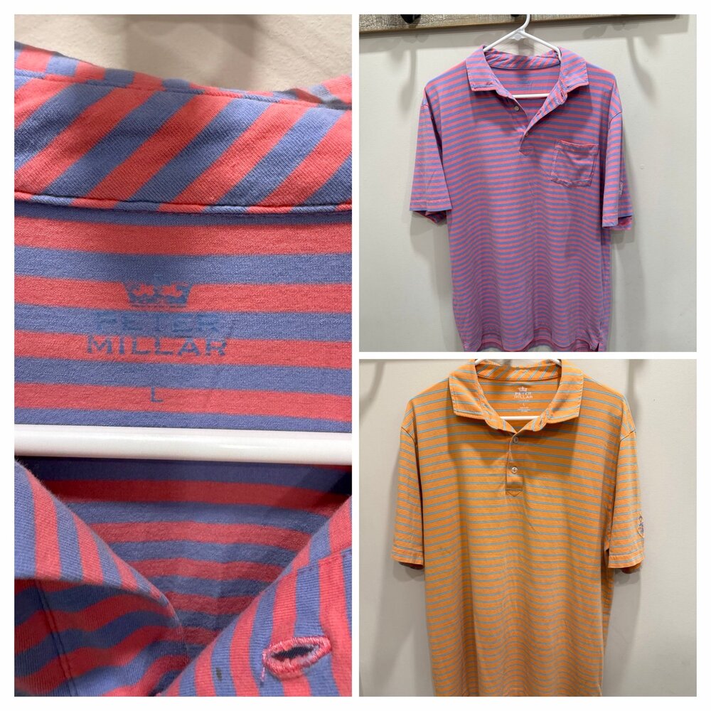 Peter Millar Seaside Wash Striped Polo Shirts SO SOFT! Men’s Large. TWO!